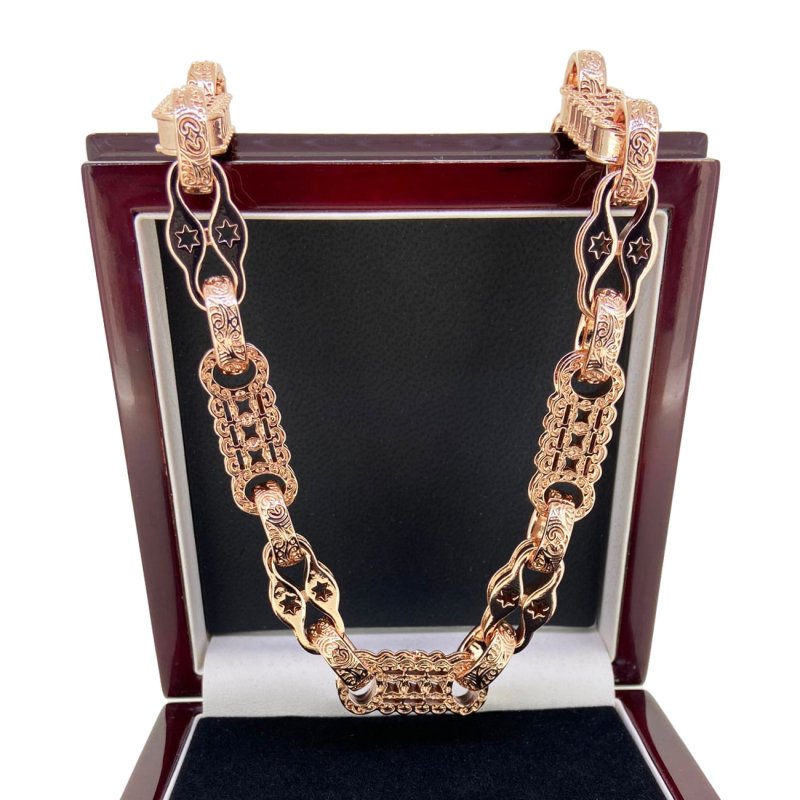 Luxury Rose Gold Stars and Bars Chain, 11mm Wide, 26 Inches, Free Leather Box