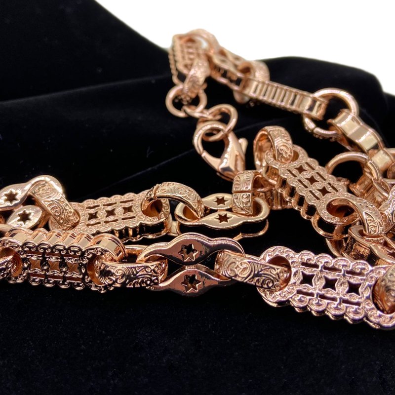 Detailed View of Rose Gold Stars and Bars Chain, 11mm Width, 26 Inches Long