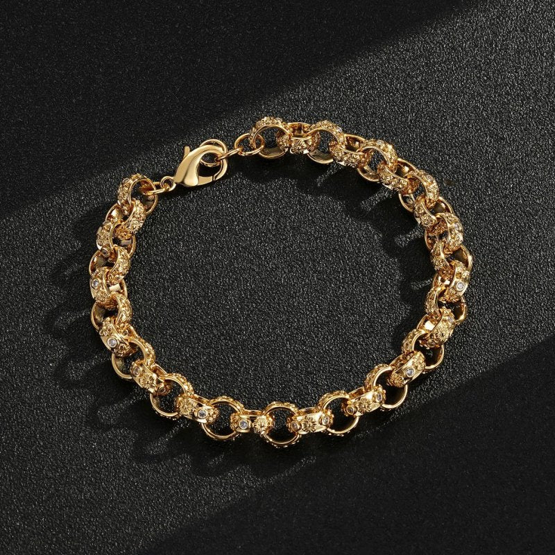 Gold Belcher bracelet with crystal flower pattern, 12mm wide, 9 inches, 52 grams.