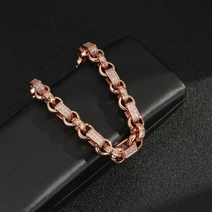 Lightweight rose gold gypsy link bracelet, 10mm wide, 8 inches, 52 grams, real gold look.