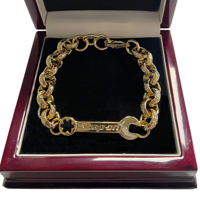 Gold spanner Belcher bracelet, 12mm wide, 7.5/8 inches, 45 grams, gold-filled.