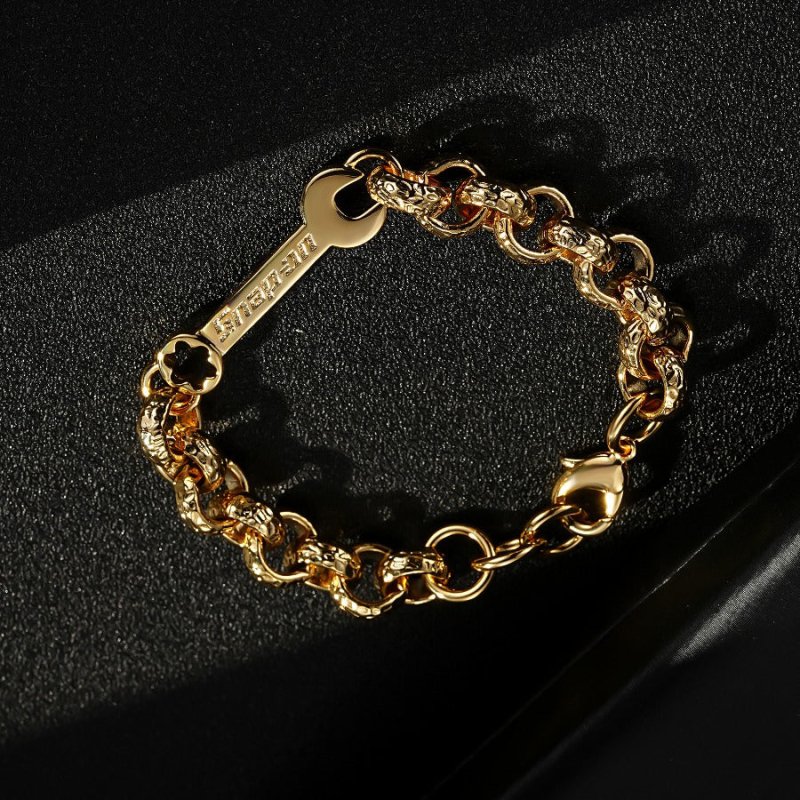 Lightweight gold spanner Belcher bracelet, 12mm wide, 7.5/8 inches, 45 grams, real gold look.