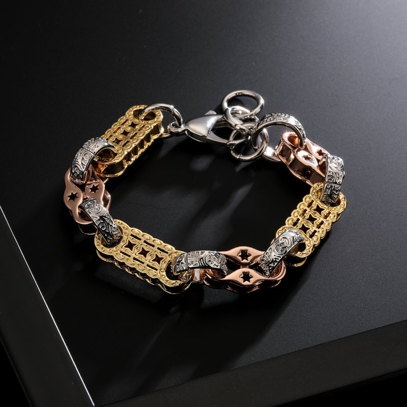 Tri-colour stars and bars bracelet, 11mm wide, 8.5-9 inches, 61 grams, gold-filled.