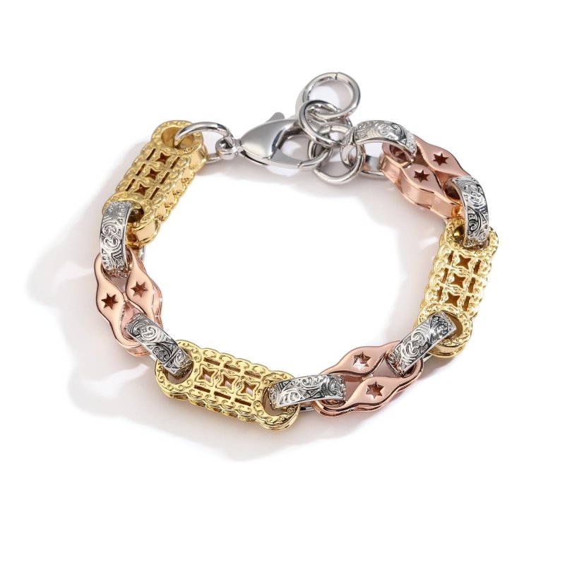 Lightweight tri-colour stars and bars bracelet, 11mm wide, 8.5-9 inches, 61 grams.