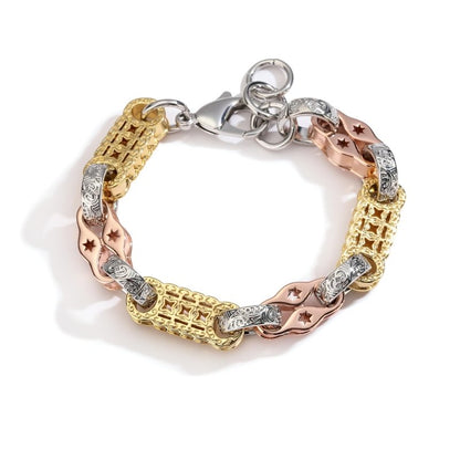 Lightweight tri-colour stars and bars bracelet, 11mm wide, 8.5-9 inches, 61 grams.