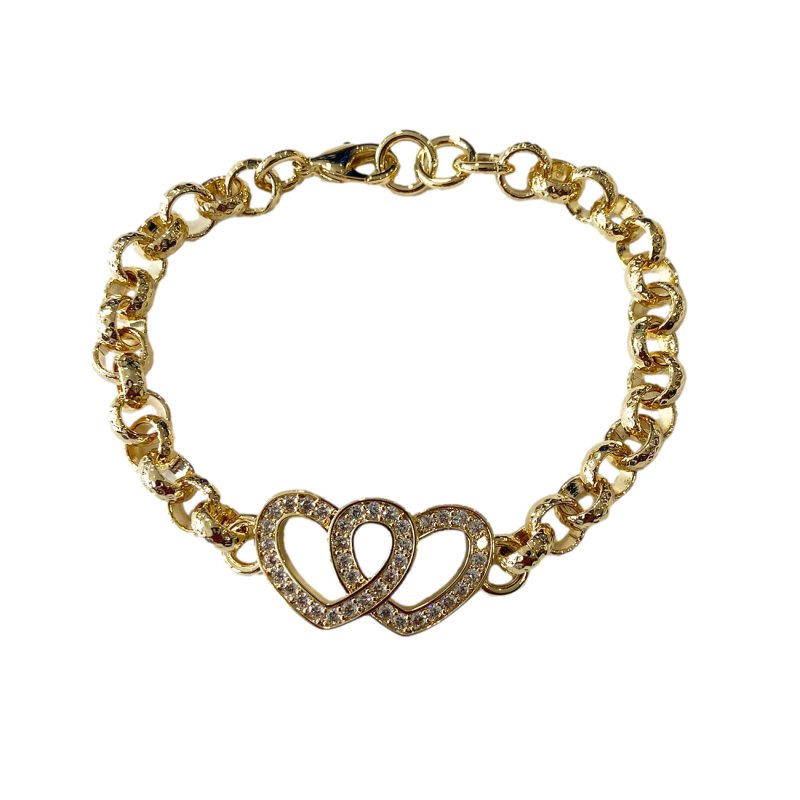 Gold-filled small double heart Belcher bracelet, 6-6.5 inches, 26 grams, 8mm width.