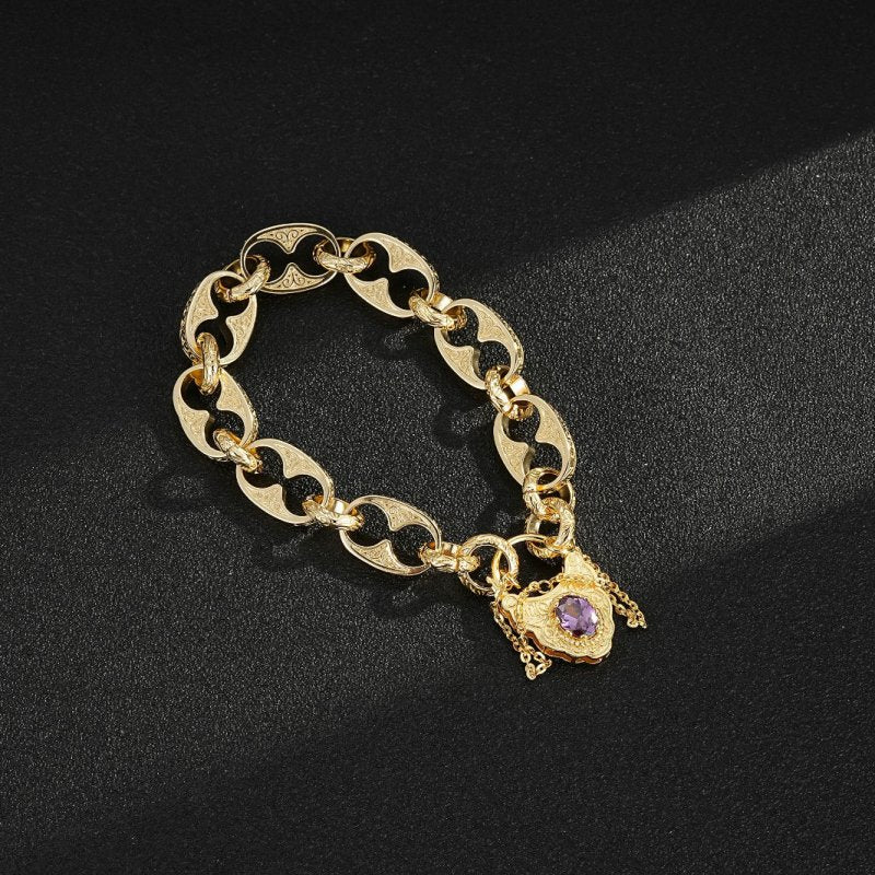 Button Belcher gold bracelet with padlock, 8 inches, 46 grams, gold-finish.