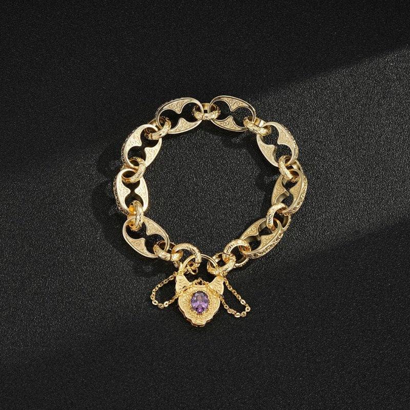 Gold button Belcher bracelet with vintage padlock, 8 inches long, 46 grams, gold-filled.