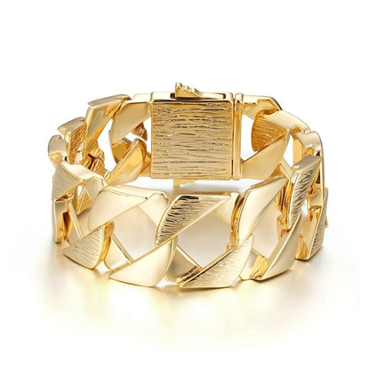 Chunky gold Chaps bracelet, 27mm wide, 9 inches, 120 grams, gold finish, for 8.5-inch wrists.