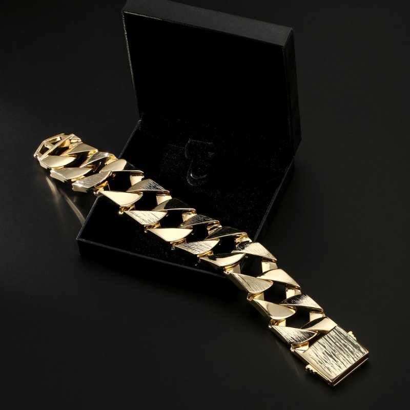 Big gold Cuban bracelet, 27mm wide, 9 inches, 120 grams, gold-filled, bark pattern.