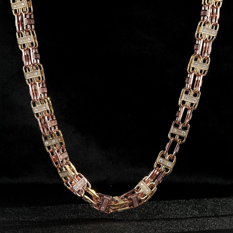 Detailed View of 2-Tone Gold Cage Chain with Stones, 32 Inches Long