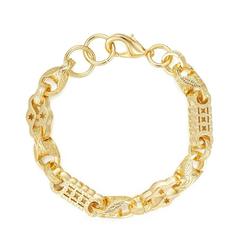 Chunky gold tulip bracelet, 12mm wide, 8.5/9 inches, 63 grams, stars and bars pattern.