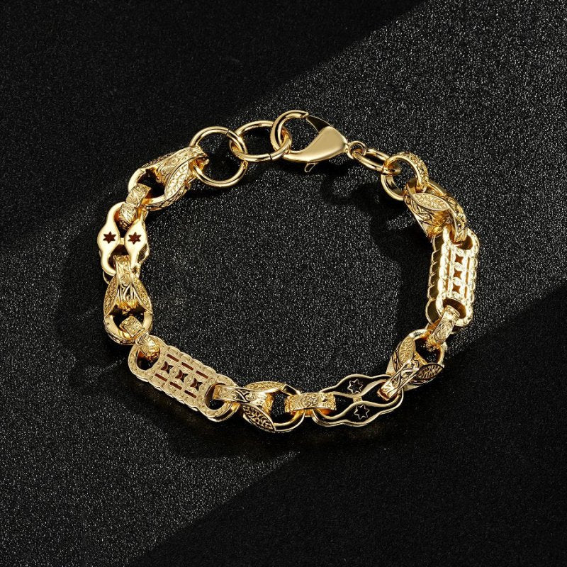 Gold Stars and Bars Tulip bracelet, 12mm wide, 8.5/9 inches long, 63 grams, gold-filled.