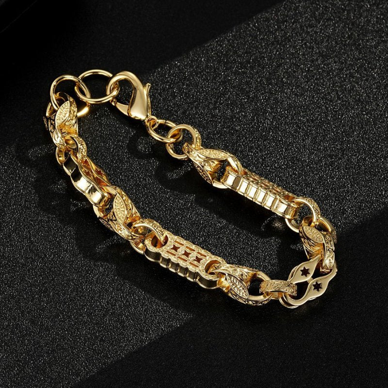 8.5/9 inch gold Stars and Bars Tulip bracelet, 12mm wide, 63 grams, classic design, gold finish.