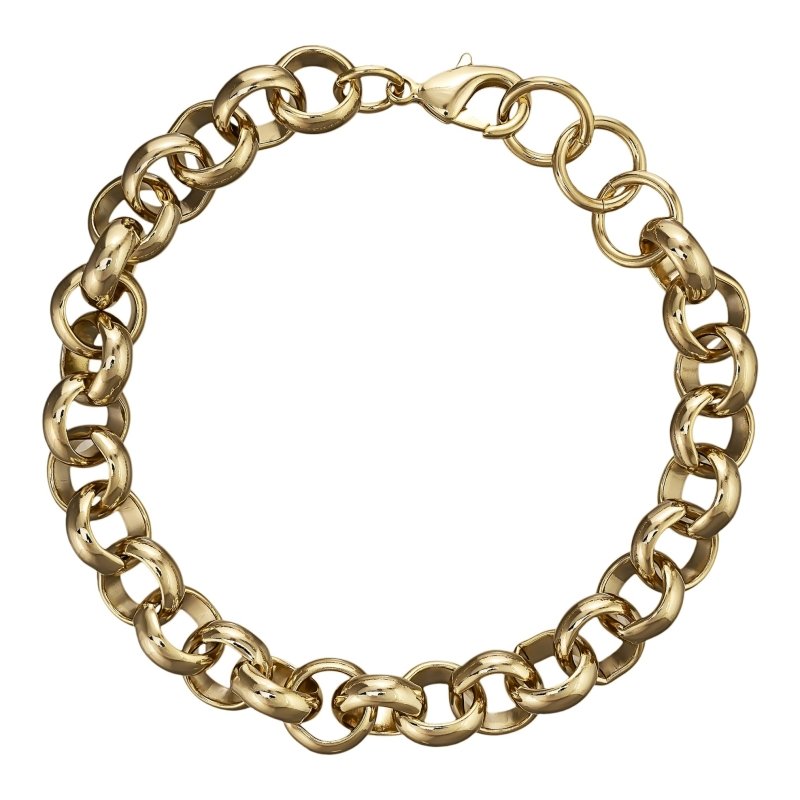 Lightweight gold Belcher bracelet, 10mm width, 6 inches, 20 grams, gold-filled finish.