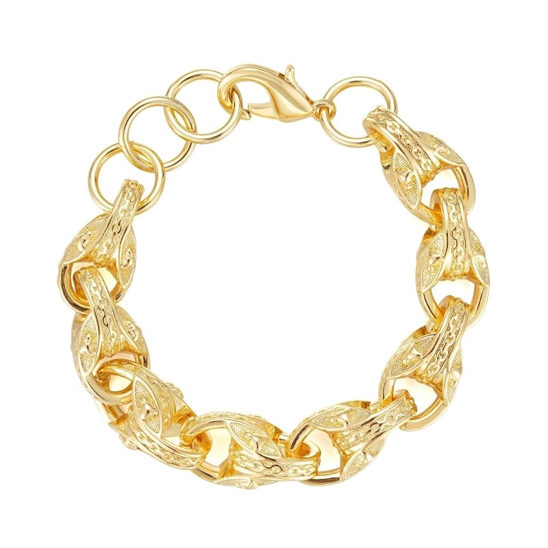 Patterned gold tulip bracelet, 14mm wide, 8-9 inches, 97 grams, gold-filled finish.