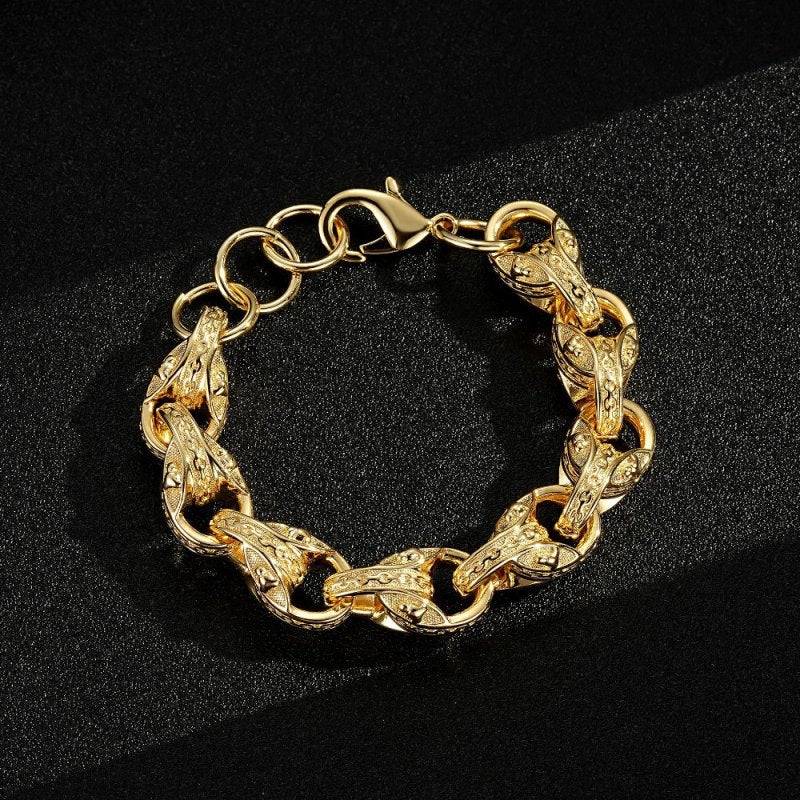 Gold tulip bracelet, 14mm wide, 8-9 inches long, 97 grams, gold-filled.