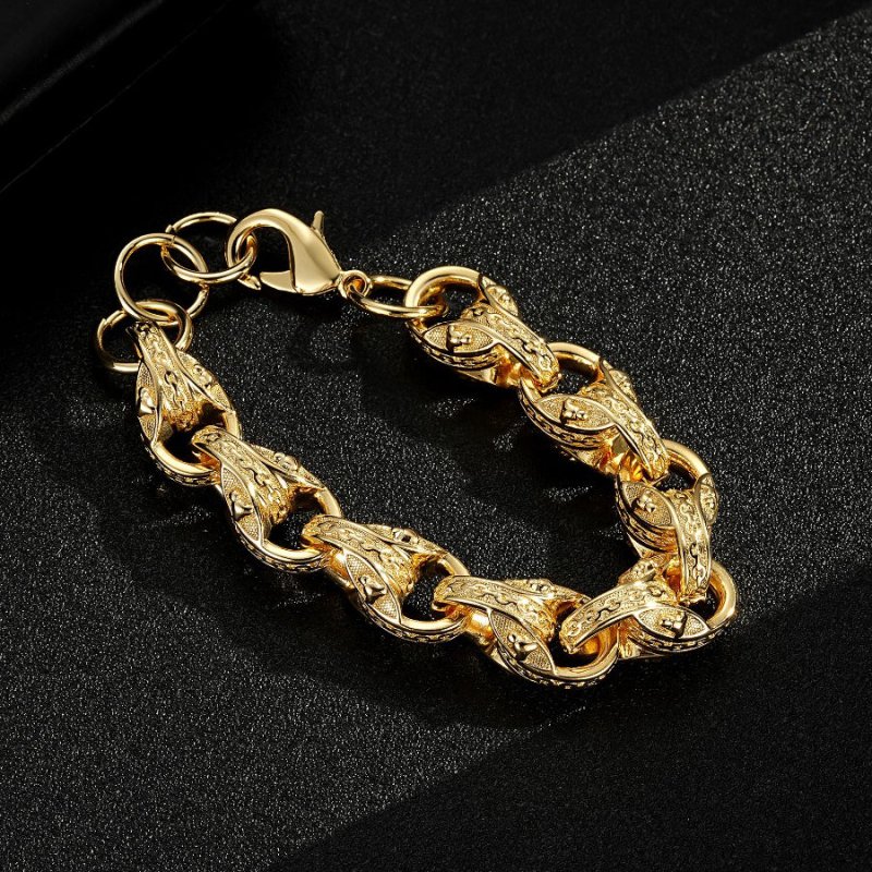 8-9 inch gold tulip bracelet, 14mm wide, 97 grams, patterned design, gold finish.