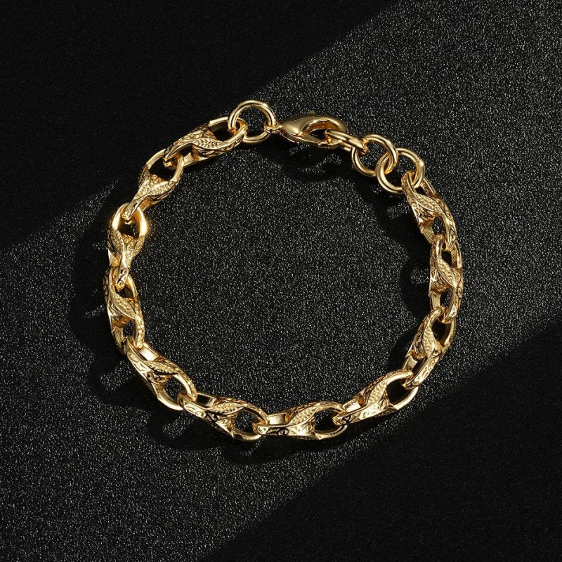 8/9-inch gold tulip bracelet, 9mm wide, 26 grams, subtle design, gold finish.