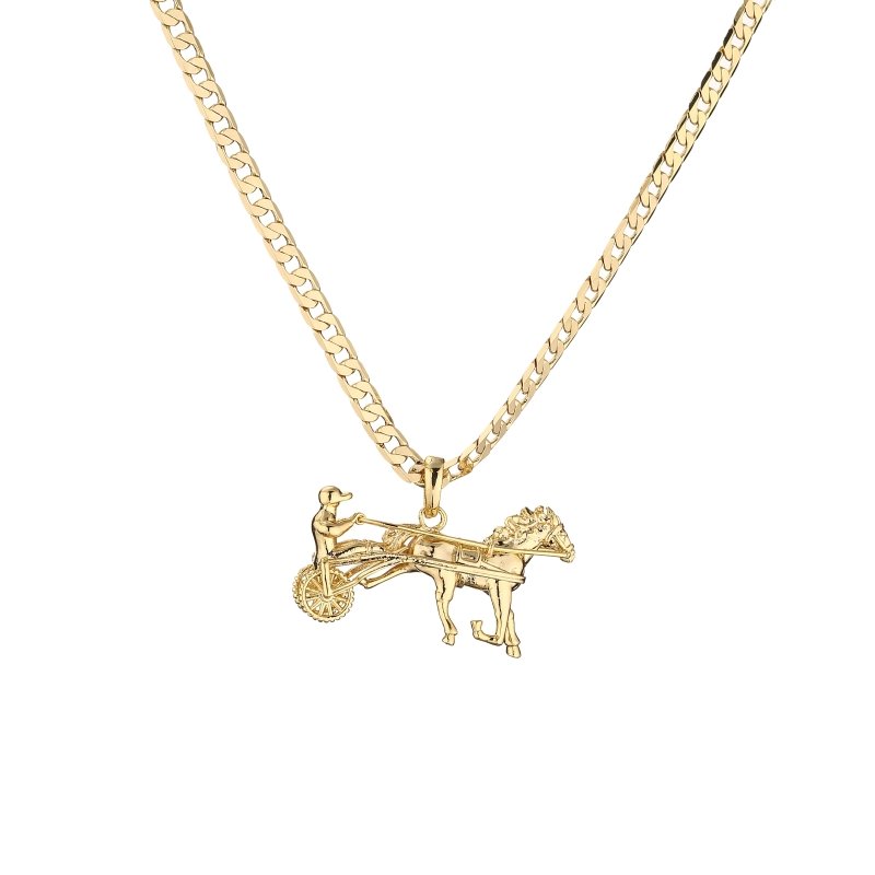 Gold horse racing pendant on 20-inch Cuban chain displayed on white background