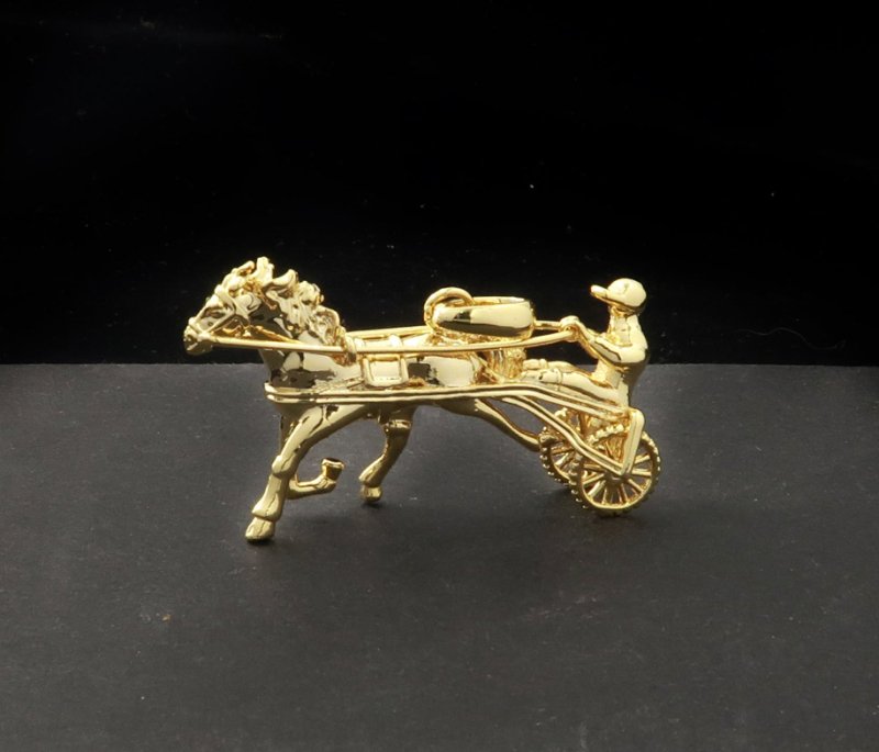 Premium Gold Sulky Gypsy Horse &amp; Cart Racing 3D Pendant with 4mm Cuban Chain