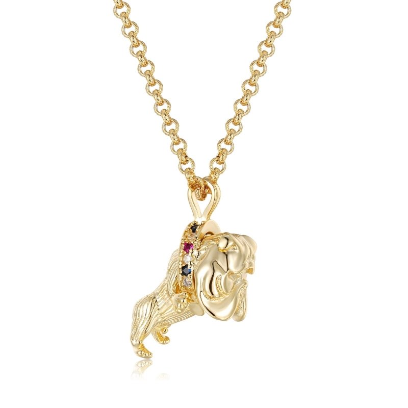 Close-up view of the gold bulldog pendant with sparkling stones