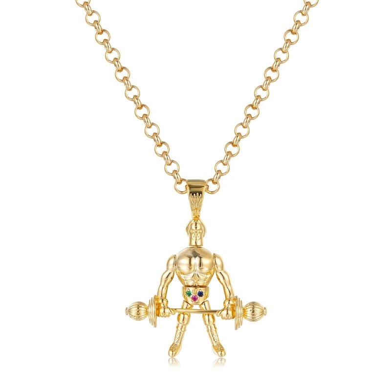 Person wearing Gold Weight Lifter Pendant Necklace