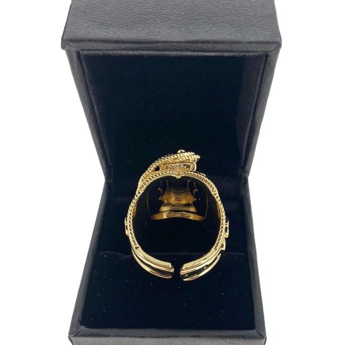 Gold Saddle Adjustable Ring - Gold saddle ring with a 23mm top on a reflective surface