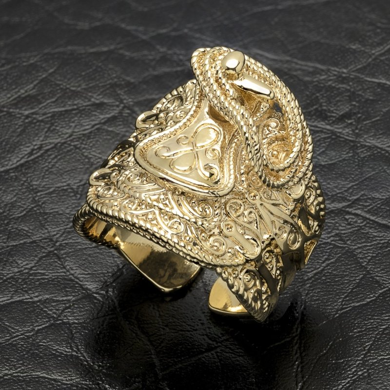 Gold Saddle Adjustable Ring - Gold saddle ring with a 23mm top on a reflective surface