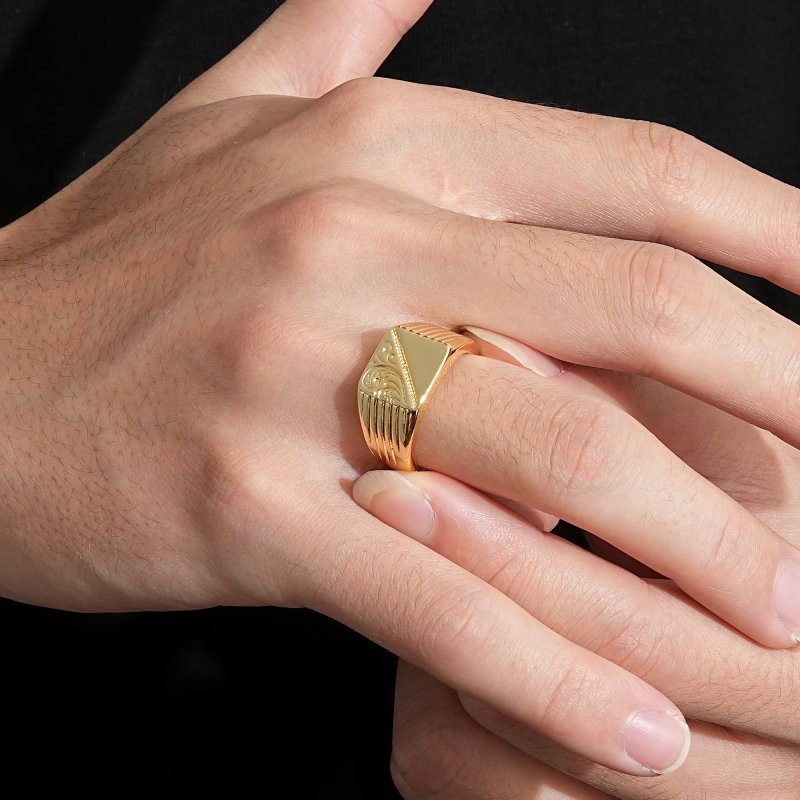 Mens Square Signet Ring Gold Ornate Square Signet Ring Size Q