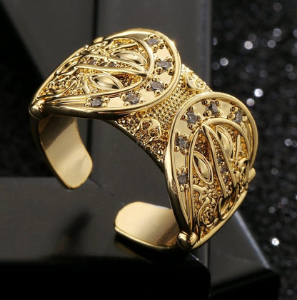 Gold Double Buckle Adjustable Ring With Stones - Adjustable gold double buckle ring, top width 25mm