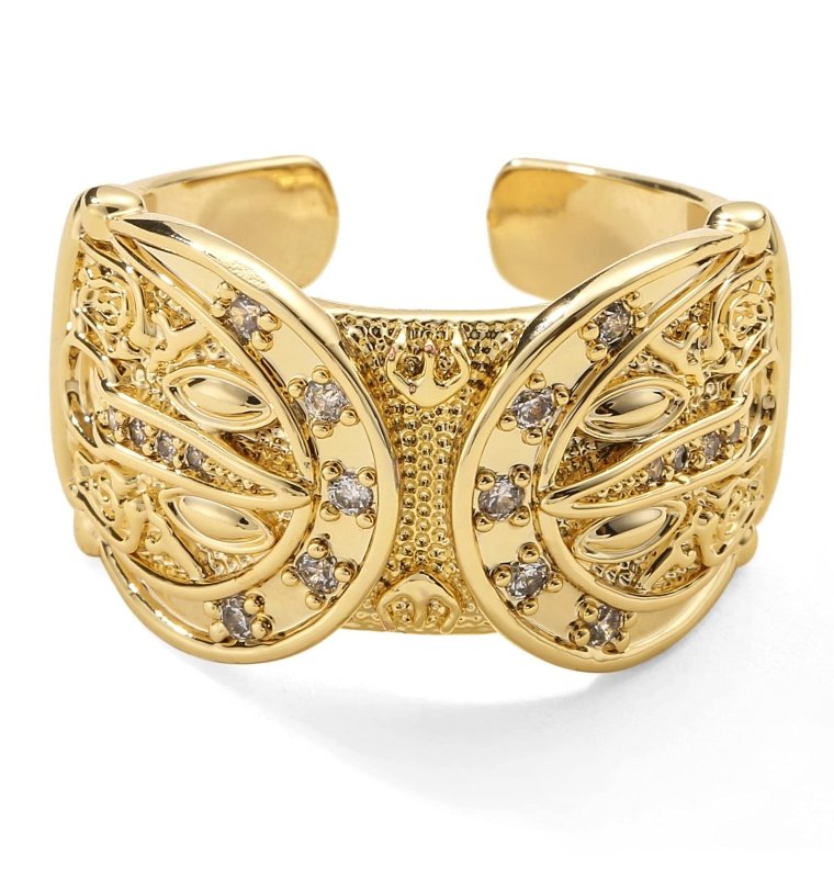 Gold Double Buckle Adjustable Ring With Stones - Gold-filled buckle ring weighing 10 grams