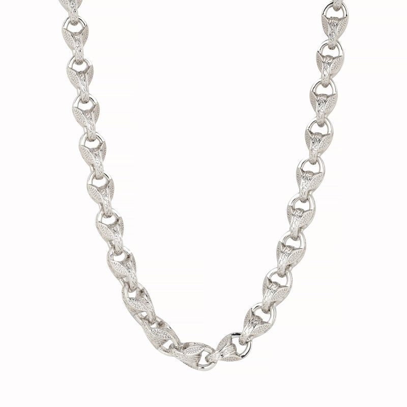 Detailed View of Silver Tulip Chain, 12mm Wide, 27 Inches Long