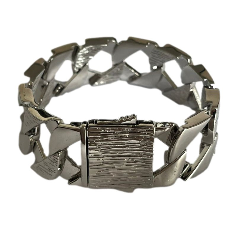 Heavyweight silver Cuban curb bracelet, 27mm wide, 9 inches, 120 grams, bark design.